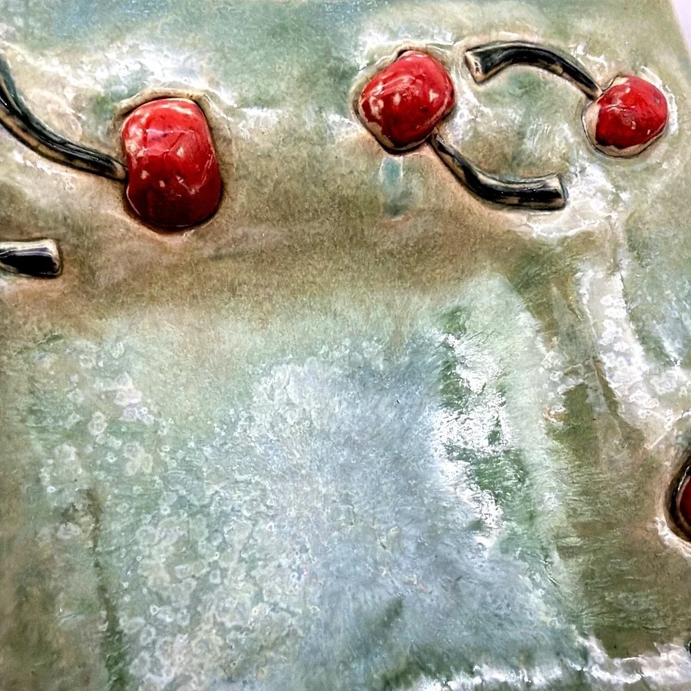 M. Masiulis Studio Pottery Ceramic Trinket Dish 3D Cherries Green Glaze 9
